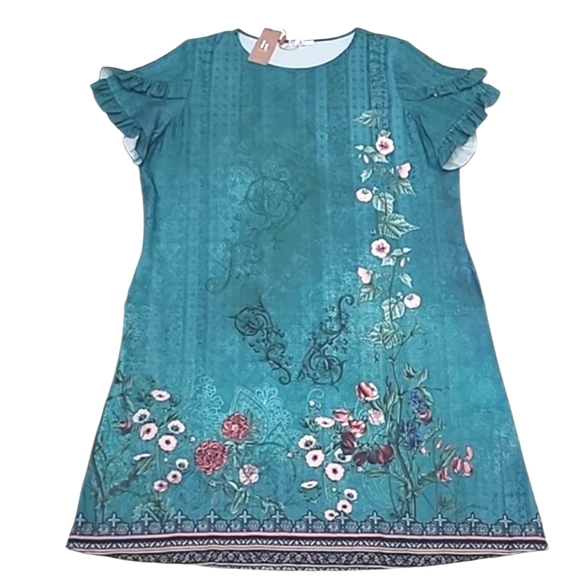 Hotouch Floral Tunic Sheath Midi Dress Ruffle Sleeves A-Line Knee Length NWT 2XL - Picture 1 of 17